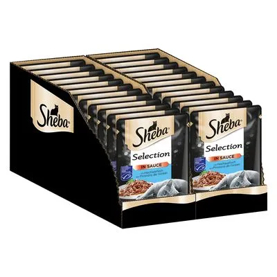 Sheba Selection in Sauce, multipack met meerdere zakjes natvoer. Verpakking toont visafbeelding en merknaam Sheba duidelijk zichtbaar op elk zakje.