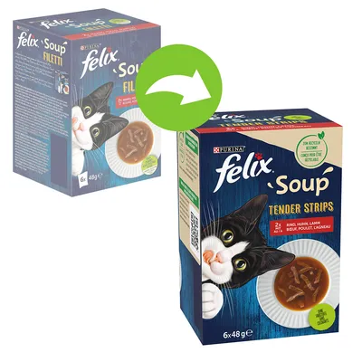 Felix Soup Tender Strips, 6x48g, vită, pui, miel. Ambalaj cu design reciclabil și fără coloranți artificiali.