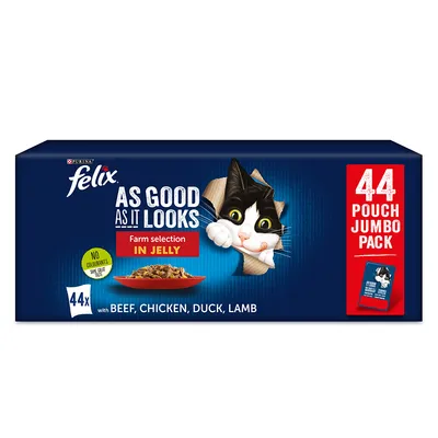 Purina felix As Good As It Looks Farm selection in jelly, 44x saszetki z wołowiną, kurczakiem, kaczką, jagnięciną. 44 Pouch Jumbo Pack. No colourants same great taste.