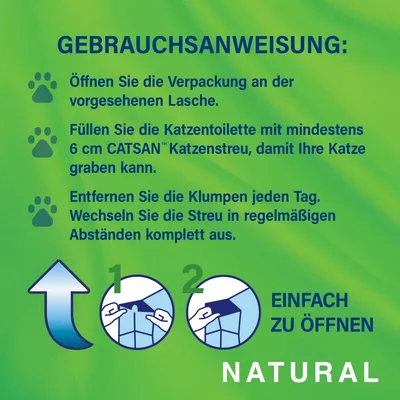 Gebrauchsanweisung: Verpackung öffnen, Katzentoilette mit 6 cm CATSAN Katzenstreu füllen, Klumpen täglich entfernen, Streu regelmäßig wechseln. Einfach zu öffnen. Natural.