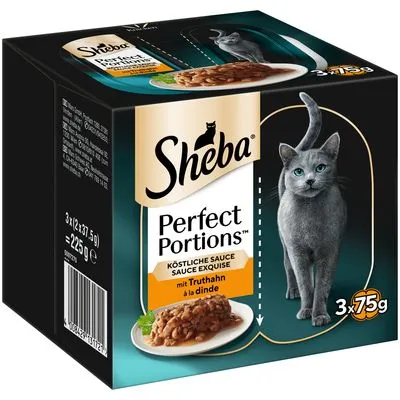 Sheba Perfect Portions kattenvoer, köstliche sauce mit Truthahn, 3 x 75 g, totaal 225 g. Afbeelding van kattenvoer op een bord en kat. Verpakking toont merknaam en productinformatie.
