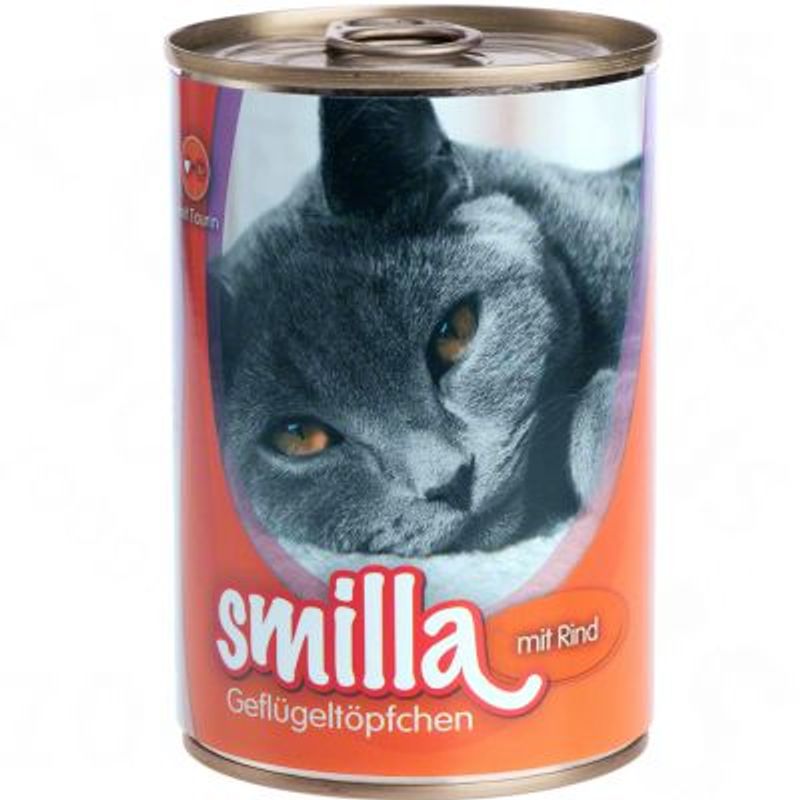 Dåse med billede af grå kat, teksten 'smilla Geflügeltöpfchen mit Rind' på orange baggrund. Produktnavn og variant tydeligt synlige.