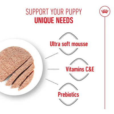 Text in image: Support your puppy's unique needs. Ultra-soft mousse, vitamins C & E, prebiotics. Text in image: Support your puppy's unique needs. Ultra-soft mousse, vitamins C & E, prebiotics.