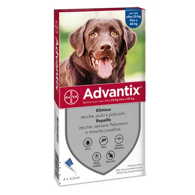 Advantix spot-on per cani oltre 25 kg fino a 40 kg. Elimina zecche, pulci e pidocchi. Repelle zanzare, flebotomi e mosche cavalline. Confezione da 4 x 4,0 ml.