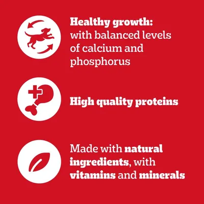 Healthy growth: with balanced levels of calcium and phosphorus. High quality proteins. Made with natural ingredients, with vitamins and minerals. Text v angličtině.