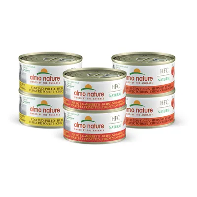 Lot de 6 boîtes Almo Nature HFC Natural, variétés visibles : cuisse de poulet, poulet et crevettes, poulet avec potiron. Texte en anglais, italien, allemand et français sur les étiquettes.