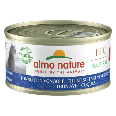 Boîte Almo Nature HFC Natural, thon avec coques. Texte visible : PROFITS 100% TO NATURE, OWNED BY THE ANIMALS, THON AVEC COQUES.