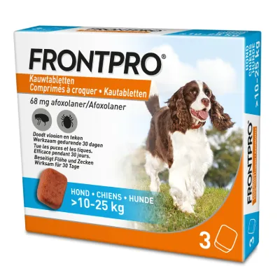 FRONTPRO kauwtabletten 68 mg afoxolaner, voor hond 10–25 kg. Doodt vlooien en teken, werkzaam 30 dagen. Verpakking met afbeelding van een hond en 3 tabletten.