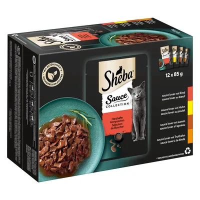 Sheba Sauce Collection, smakrik blandning. 12 x 85 g portionspåsar med nötkött, kyckling, lamm och kalkon. Med naturliga, högkvalitativa ingredienser. Förpackning av 100% återvinningsbart papper.