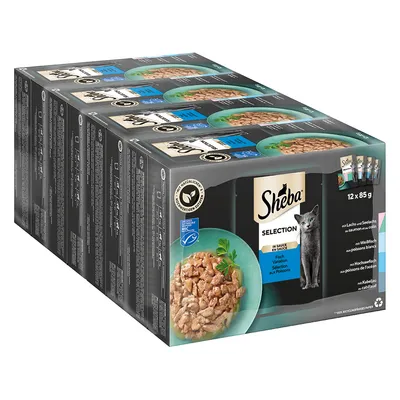 Sheba Selection in Sauce, Fisch-Variation, 12 x 85 g. Mit Lachs, Weissfisch, Hochseefisch und Kabeljau. Nachhaltige Verpackung aus recyceltem Papier.