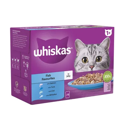 Whiskas Fish Favourites in jelly, 12× kapslí, s lososem, tuňákem, treskou a bílou rybou. Pro kočky 1+. Viditelný nápis: 100% ingredients.