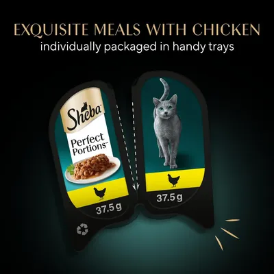 Exquisite meals with chicken, individually packaged in handy trays. Two portions shown, each 37.5g, with a chicken symbol and Sheba Perfect Portions branding visible.