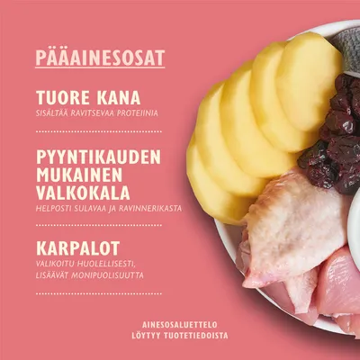 PÄÄAINESOSAT: tuore kana, pyyntikauden mukainen valkokala, karpalot. Ainesosaluettelo löytyy tuotetiedoista. Näkyvissä myös perunaviipaleita, marjoja ja kananlihaa lautasella.