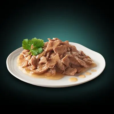 Portie natvoer met stukjes vlees in saus, geserveerd op een wit bord met peterselie. Productpresentatie voor huisdiervoeding.