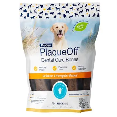 ProDen PlaqueOff Dental Care Bones, smaak Chicken & Pumpkin, 2-in-1, voor medium en grote honden. Vermindert tandplak, voorkomt tandsteen, behandelt slechte adem. SwedenCare.