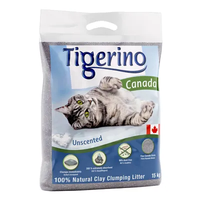 Sac de litière pour chat Tigerino Canada, Unscented, 100 % argile naturelle agglomérante, 15 kg, drapeau canadien, absorbe 350 %, sans poussière 99 %, grain fin, chat gris sur l’emballage.