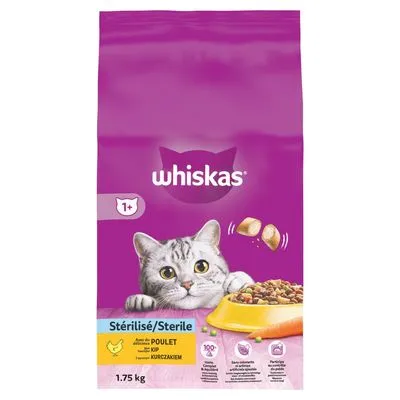 Whiskas Sterile 1+ kattenvoer met kip, 1,75 kg. Paarse verpakking met afbeelding van een kat, voerbak en brokjes. Tekst: Stérilisé/Sterile, Poulet/Kip, 100% compleet.