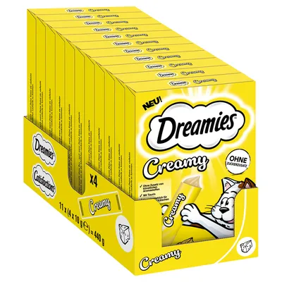 Dreamies Creamy, sin azúcares añadidos, con taurina, apto para gatos adultos. Paquete: 11 x 4 x 10 g = 440 g.