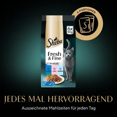 Sheba Fresh & Fine in Gelee, 6x50g. Sorten: 2x Thunfisch, 2x Lachs, 2x Weissfisch. MSC-zertifiziert. Slogan: Jedes Mal hervorragend. Ausgezeichnete Mahlzeiten für jeden Tag.