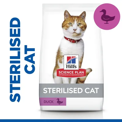 Hill's Science Plan Sterilised Cat kattenvoer, eend. Tekst op verpakking: STERILISED CAT, DUCK. Paars eendenpictogram zichtbaar.