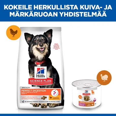 Hill's Science Plan Perfect Digestion kuivaruoka kanalla ja märkäruoka kalkkunalla pienille ja minikoirille, jotka painavat enintään 10 kg, tukee ruoansulatusta ja mikrobiomia. Hill's Science Plan Perfect Digestion kuivaruoka kanalla ja märkäruoka kalkkunalla pienille ja minikoirille, jotka painavat enintään 10 kg, tukee ruoansulatusta ja mikrobiomia.