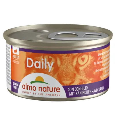 Almo Nature Daily Adult Cat Mousse, getreidefrei, mit Kaninchen. Text: Owned by the animals.