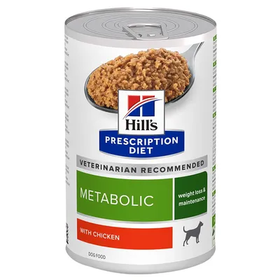 Hill's Prescription Diet Metabolic with Chicken, weight loss & maintenance, veterinario raccomandato, cibo umido per cani in lattina con etichetta verde e rossa.