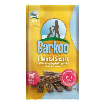 Barkoo 7 Dental Snacks, Medium 11–25 kg, dagelijkse tandverzorging, ontwikkeld door wetenschappers, 180 g. Verpakking toont afbeelding van snacks en hond met persoon.