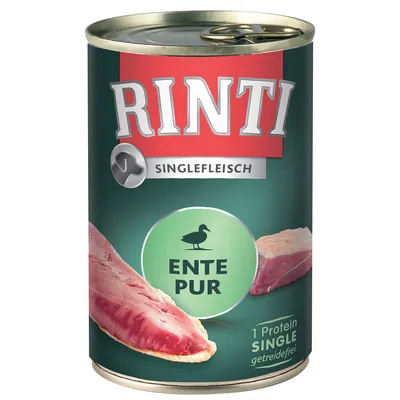 Scatola di cibo per animali Rinti Singlefleisch, testo visibile: ENTE PUR, 1 Protein SINGLE getreidefrei. Immagine di carne di anatra sulla confezione.