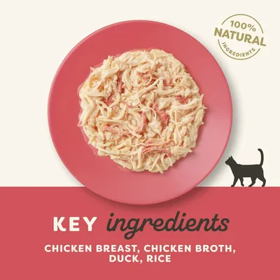 100% natural ingredients. Kluczowe składniki: chicken breast, chicken broth, duck, rice. Na zdjęciu danie na różowym talerzu, grafika kota.