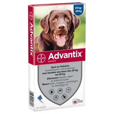 Advantix® 400/2000 Spot-On Solution voor Honden 25 - 40 kg - Dubbelpak: 2 x 6 Pipetten - BE