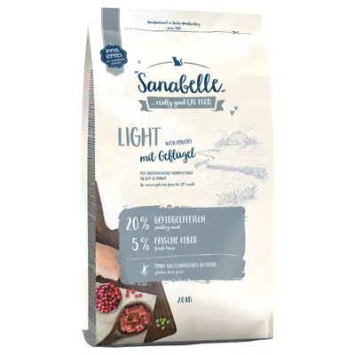 Sanabelle Light с птицей, 20% мясо птицы, 5% свежая печень, без злаков с глютеном. Для склонных к избыточному весу кошек от 12 месяцев. Упаковка: 20 кг.