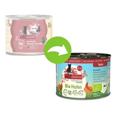 catz finefood Bio-Huhn -kissanruokapurkin pakkausuudistus: vanha ja uusi purkki, näkyvissä tekstit 'BIO-HUHN ORGANIC CHICKEN' ja 'Bio Huhn', sekä sertifikaattimerkkejä