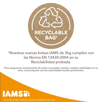 Nuestras nuevas bolsas IAMS de 3 kg cumplen con la Norma EN 13430:2004 en su reciclabilidad probada. Bolsa reciclable. IAMS.