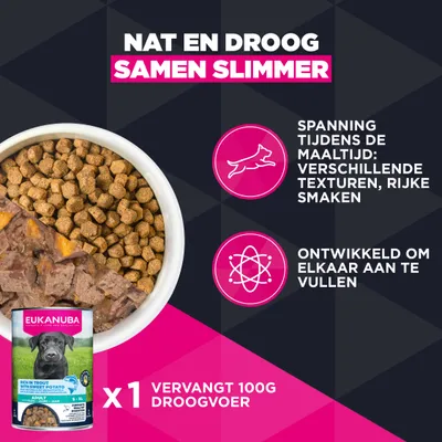 Eukanuba nat- en droogvoer, vervangt 100 g droogvoer. Verschillende texturen en rijke smaken, ontwikkeld als aanvulling. Eukanuba nat- en droogvoer, vervangt 100 g droogvoer. Verschillende texturen en rijke smaken, ontwikkeld als aanvulling.