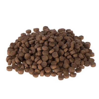 Brown dry food pellets in a round shape, loosely stacked on a white background.