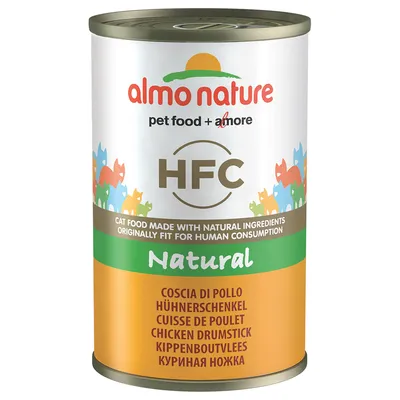 Conservă almo nature HFC Natural, coscia di pollo. Text vizibil: pet food + amore, cat food made with natural ingredients originally fit for human consumption, chicken drumstick.