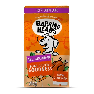 Barking Heads All Hounder dry food, 2kg pack, 100% complete, bowl lickin' goodness, contains 50% chicken.
