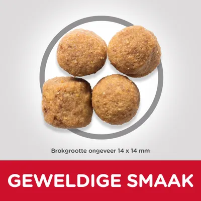 Vier brokken, brokgrootte ongeveer 14 x 14 mm. Tekst: GEWELDIGE SMAAK.