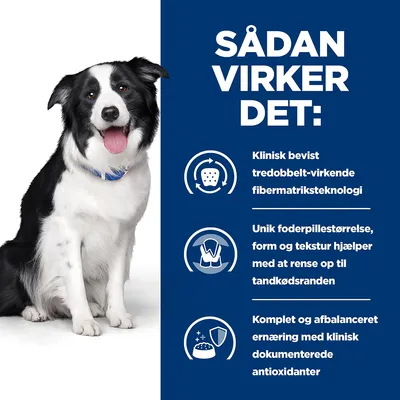 SÅDAN VIRKER DET: Klinisk bevist tredobbelt-virkende fibermatristeteknologi. Unik foderpille hjælper med at rense op til tandkødsranden. Komplet ernæring med dokumenterede antioxidanter.
