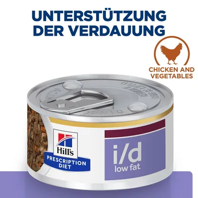 Hill's Prescription Diet i/d Low Fat Nassfutter für Hunde, Unterstützung der Verdauung, Geschmacksrichtung Huhn und Gemüse.