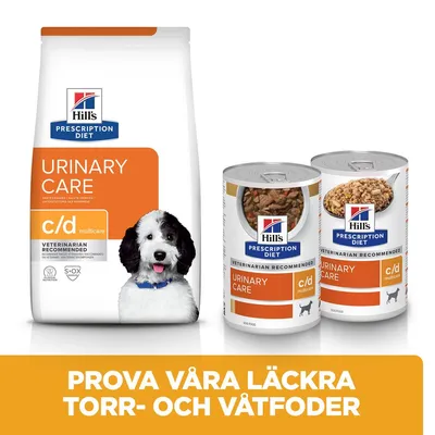 Hill's Prescription Diet Urinary Care c/d multicare torrfoderpåse och två burkar våtfoder för hund. Text: Prova våra läckra torr- och våtfoder.