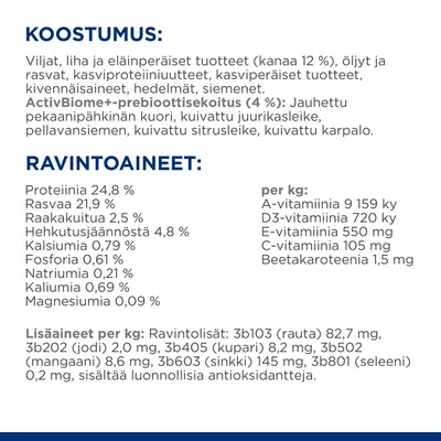 Koostumus: viljat, kanaa 12 %, öljyt, kasviproteiinit, ActivBiome+-prebioottisekoitus 4 %. Ravintoaineet: proteiinia 24,8 %, rasvaa 21,9 %, kalsiumia 0,79 %, vitamiinit ja hivenaineet per kg.