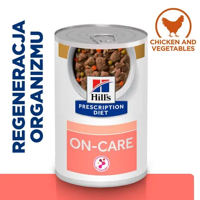 Hill's Prescription Diet ON-CARE, puszka z widoczną karmą. Tekst: REGENERACJA ORGANIZMU, CHICKEN AND VEGETABLES. Logo ActivBiome+ na etykiecie.