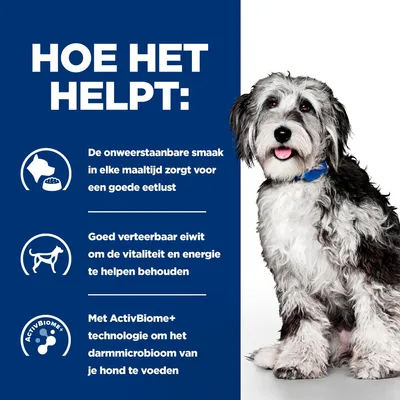 HOE HET HELPT: onweerstaanbare smaak voor goede eetlust, goed verteerbaar eiwit voor vitaliteit en energie, ActivBiome+ technologie voor het darmmicrobioom van je hond.