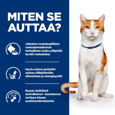 Teksti: MITEN SE AUTTAA? Jokaisen ruokakupillisen vastustamaton maku ylläpitää ruokahalua. Hyvin sulava proteiini ylläpitää elinvoimaa. ActivBiome+ ravitsee kissan suolistomikrobiomia.