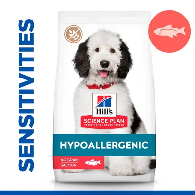 Hill's Science Plan Hypoallergenic, No Grain Salmon, slika psa na pakiranju. Tekst: SENSITIVITIES, HYPOALLERGENIC, NO GRAIN SALMON. Prikaz ribe i simbola bez žitarica.