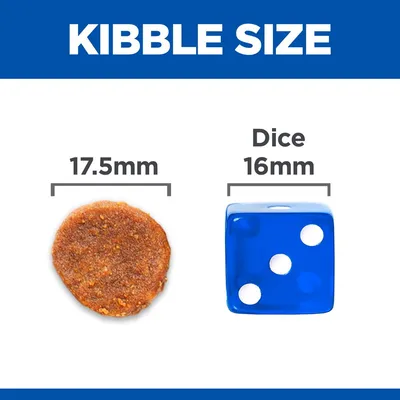 Размер на гранула: 17,5 мм до син зар с размер 16 мм. Текст на английски: Kibble size, Dice 16mm, 17.5mm.