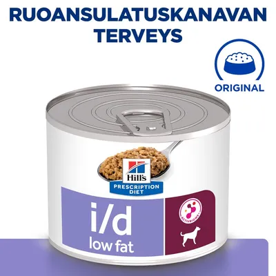 Hill's Prescription Diet i/d low fat -koiranruokasäilyke, ruoansulatuskanavan terveys. Pakkaus näyttää ActivBiomeS-symbolin ja tekstin 'ORIGINAL'.