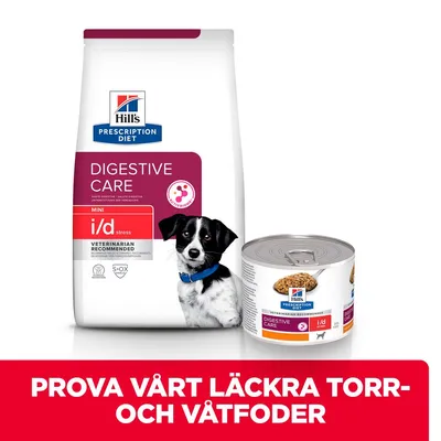 Hill's Prescription Diet Digestive Care Mini i/d stress torrfoderpåse och våtfoderburk för hund. Text: Prova vårt läckra torr- och våtfoder.